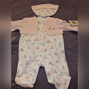 Little Me Pink & White Bunny Print Footed One-Piece with Hat